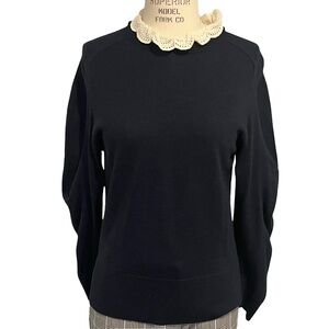Sea NY Navy Blue Balloon Sleeve Wool Sweater Removable Cotton Eyelet Collar MED
